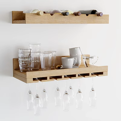Wooden Wine Cabinet With Hanging Glasses And Glassware Storage Shelf Design 3d model
