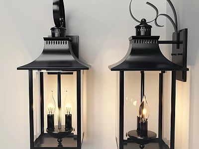 Black Lantern Style Wall Sconces With Glowing Bulbs And Vintage Wall Mounted Design 3d model