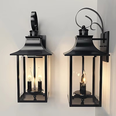 Black Lantern Style Wall Sconces With Glowing Bulbs And Vintage Wall Mounted Design 3d model