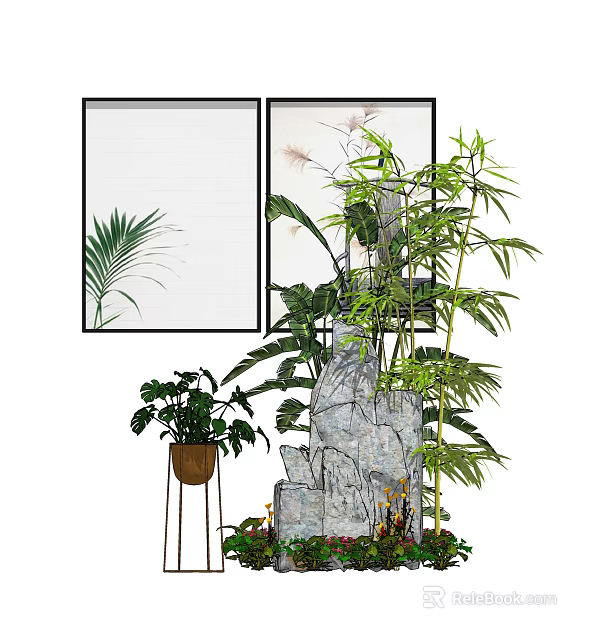 Decorative Garden Ornament With Rockery Bamboo Palm Leaves And Potted Plants 3d model 