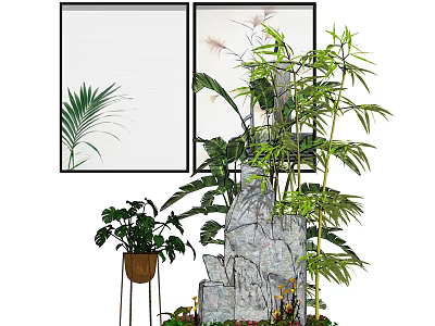 Decorative Garden Ornament With Rockery Bamboo Palm Leaves And Potted Plants 3d model