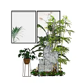 Decorative Garden Ornament With Rockery Bamboo Palm Leaves And Potted Plants