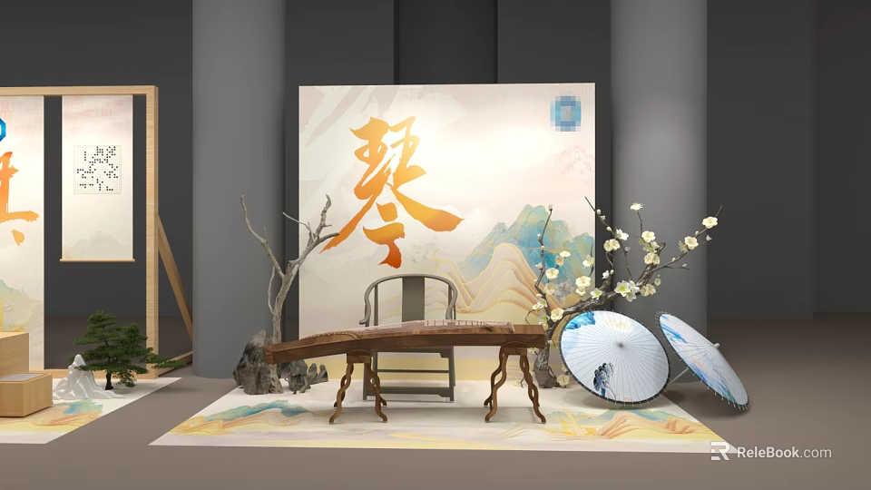 Traditional Chinese Qin Instrument Display With Background Painting Plum Blossoms And Decorative Umbrellas 3d model 
