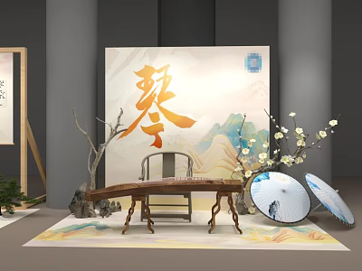 Traditional Chinese Qin Instrument Display With Background Painting Plum Blossoms And Decorative Umbrellas 3d model