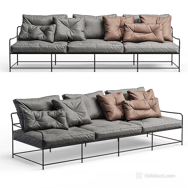 Modern Multi seat Gray Upholstered Sofa with Metal Frame and Throw Pillows 3d model