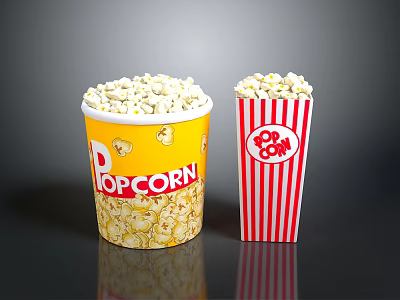 Crispy Corn Popcorn In Yellow Cup And Red White Striped Paper Container 3d model