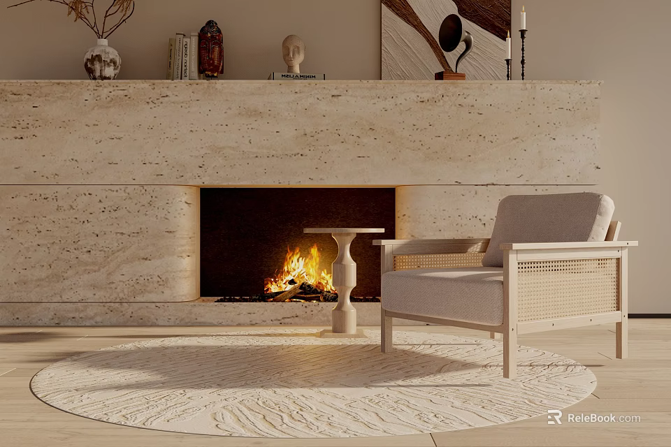 Comfortable Single Sofa By Burning Fireplace With Mantel Decorations And Round Rug 3d model
