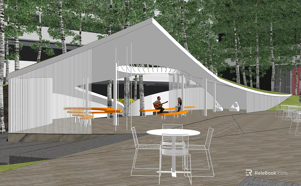 Modern Garden Landscape With White Architectural Structure Birch Trees Orange Benches And Leisure Space 3d model 