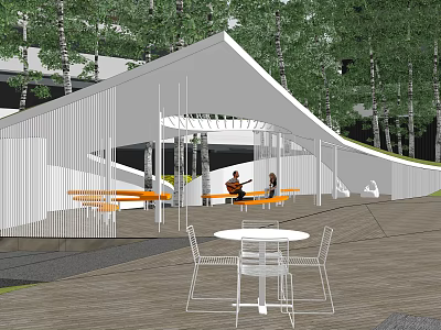 Modern Garden Landscape With White Architectural Structure Birch Trees Orange Benches And Leisure Space 3d model