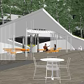 Modern Garden Landscape With White Architectural Structure Birch Trees Orange Benches And Leisure Space