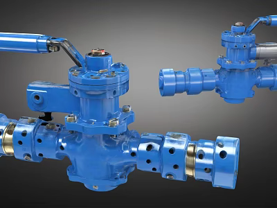 Blue Industrial Heating Pipes With Metal Valves And Mechanical Fittings 3d model