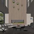 Modern Duplex Living Room Interior With High Ceilings Spherical Pendant Lights And Fireplace