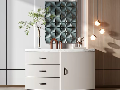 Modern Entryway Console Cabinet with Marble Top Mirror Vase and Green Plant Decor 3d model