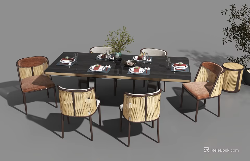 Black Dining Table Set with Rattan Chairs Wooden Frame and Tableware 3d model