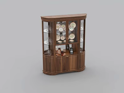 Elegant Wooden Curved Sideboard with Glass Doors Multiple Shelves and Display Plates 3d model