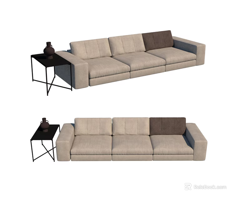 Light Beige Fabric Three Seater Sofa With Black Side Table And Decorative Items 3d model