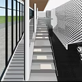Modern Front Desk Reception in Elegant Lobby with Geometric Wall Glass Windows and Staircase