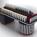 Modern Retail Display Shelf With Multicolored Cosmetic Products And Striped Pillars