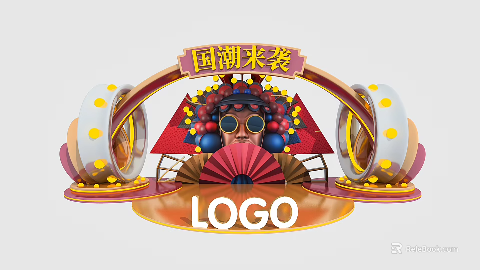 Chinese Guochao Themed Exhibition Booth With Traditional Decorative Elements And Logo 3d model 