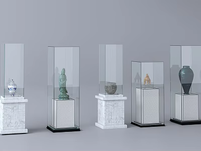 Glass Display Cases with Marble Bases Showcasing Antique Artifacts and Vases 3d model