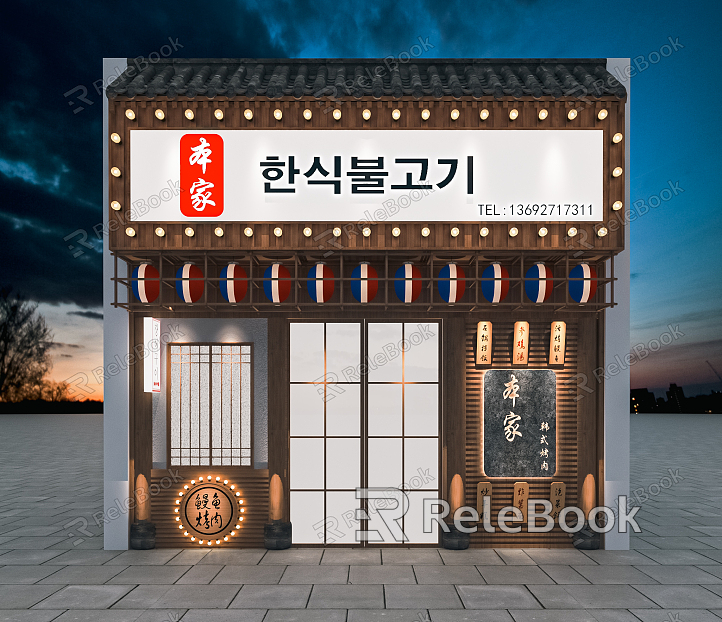 Japanese style door head restaurant Japanese food shop door head dining table and chair Sushi restaurant Jakaya lantern cloth curtain billboard model