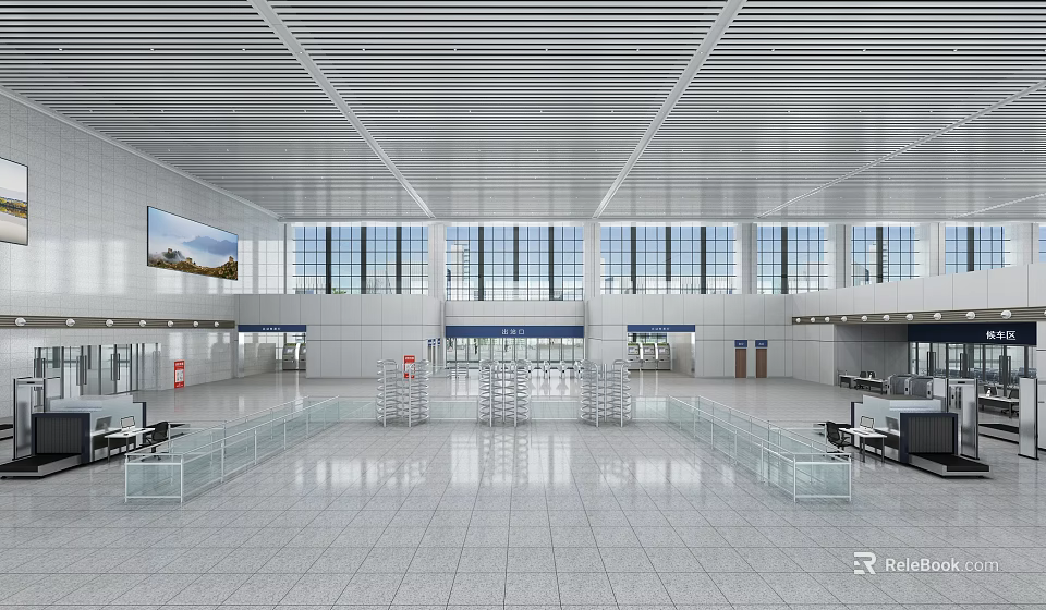 Modern Station Interior Design With Spacious Hall Large Windows Glass Railings And Tiled Floor 3d model 