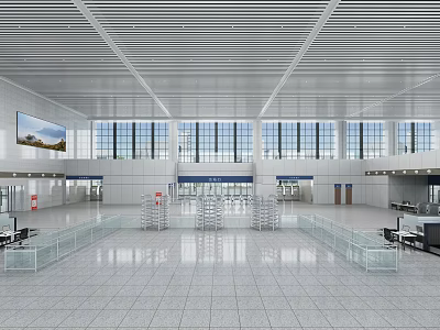 Modern Station Interior Design With Spacious Hall Large Windows Glass Railings And Tiled Floor 3d model