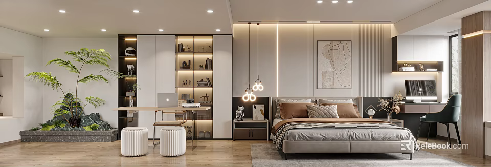 Elegant Modern Bedroom Interior With Bed Nightstand Pendant Lights Storage Cabinets And Wall Art 3d model 
