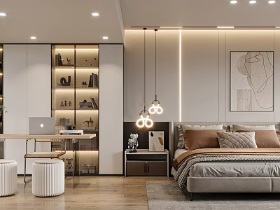 Elegant Modern Bedroom Interior With Bed Nightstand Pendant Lights Storage Cabinets And Wall Art 3d model
