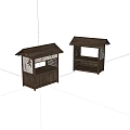 Two Traditional Wooden Pavilions With Sloped Roofs Lattice Panels And Open Shelves
