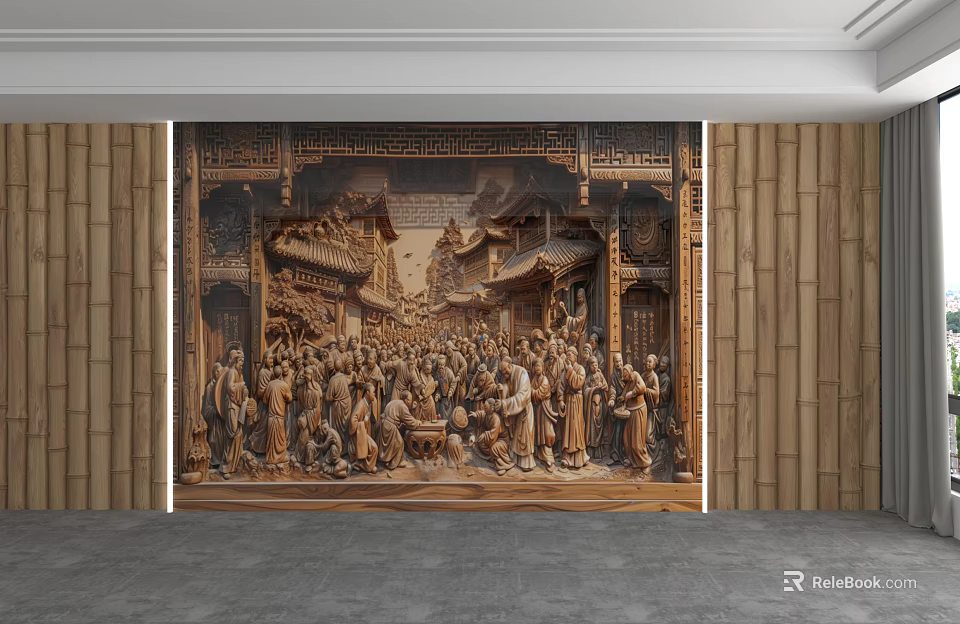Traditional Chinese Background Wall Featuring Wooden Carved Ancient Lively Market Scene And Bamboo Decor Panels 3d model 
