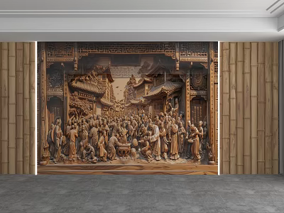 Traditional Chinese Background Wall Featuring Wooden Carved Ancient Lively Market Scene And Bamboo Decor Panels 3d model