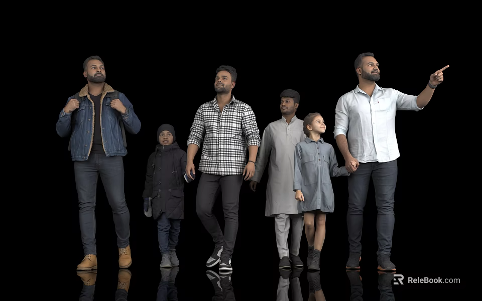 Group Of Men Walking With Children Against Black Studio Background 3d model 