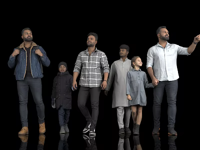 Group Of Men Walking With Children Against Black Studio Background 3d model