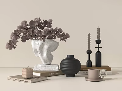 Minimalist Decorative Ornament Set With Vases Candle Holders And Eucalyptus Leaves 3d model