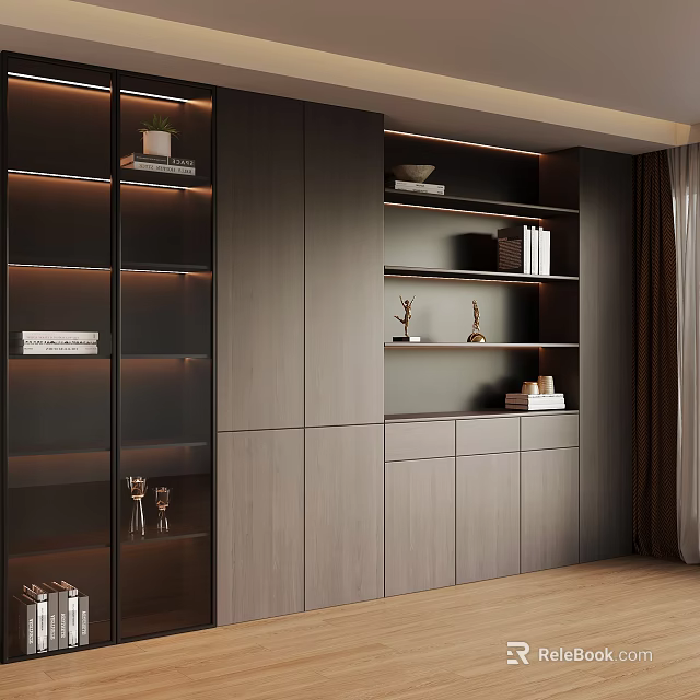 Modern Dark Wood Bookcase Featuring Glass Doors Built-in Lighting And Decorative Items 3d model 