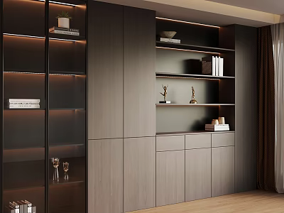 Modern Dark Wood Bookcase Featuring Glass Doors Built-in Lighting And Decorative Items 3d model