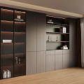 Modern Dark Wood Bookcase Featuring Glass Doors Built-in Lighting And Decorative Items