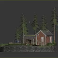 Rustic Red Wooden House With Shed Pine Trees And Wood Logs In Natural Setting