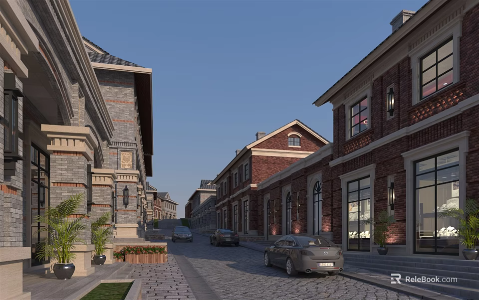 Charming Commercial Street Featuring Brick Buildings Arched Windows Parked Cars And Cobblestone Pavement 3d model 