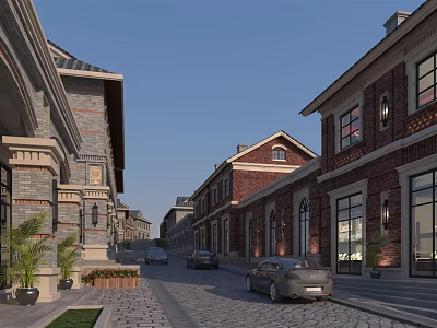 Charming Commercial Street Featuring Brick Buildings Arched Windows Parked Cars And Cobblestone Pavement 3d model