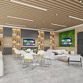 Cozy Lounge Area Interior Design With Sofas Tables TVs Green Plant Wall And Bookshelves