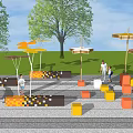 Outdoor Pergola In Park Area With Trees Colorful Block Seats And People
