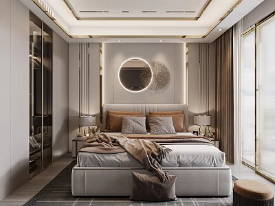 Elegant Modern Bedroom Interior Design With Upholstered Bed Round Mirror And Curtains 3d model