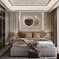 Elegant Modern Bedroom Interior Design With Upholstered Bed Round Mirror And Curtains