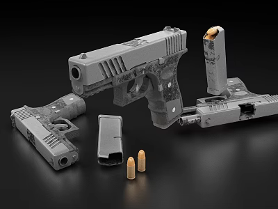 Disassembled Gray Handgun Parts With Magazine Gun Body And Bullets On Black Background 3d model