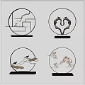 Modern Minimalist Decorative Ornament Set With Circular Frames Black Bases Bird Cloud And Heart Design Elements 3d model