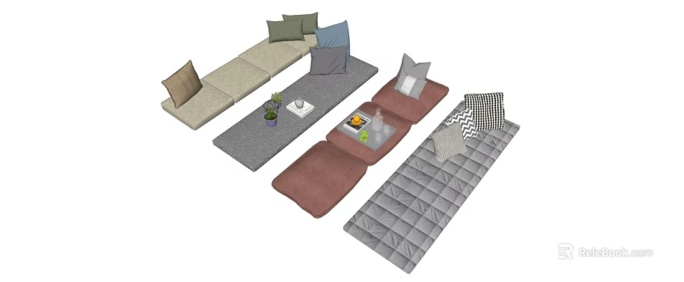 Cozy Window Seat Design with Colorful Mats Pillows Small Table and Potted Plant 3d model 