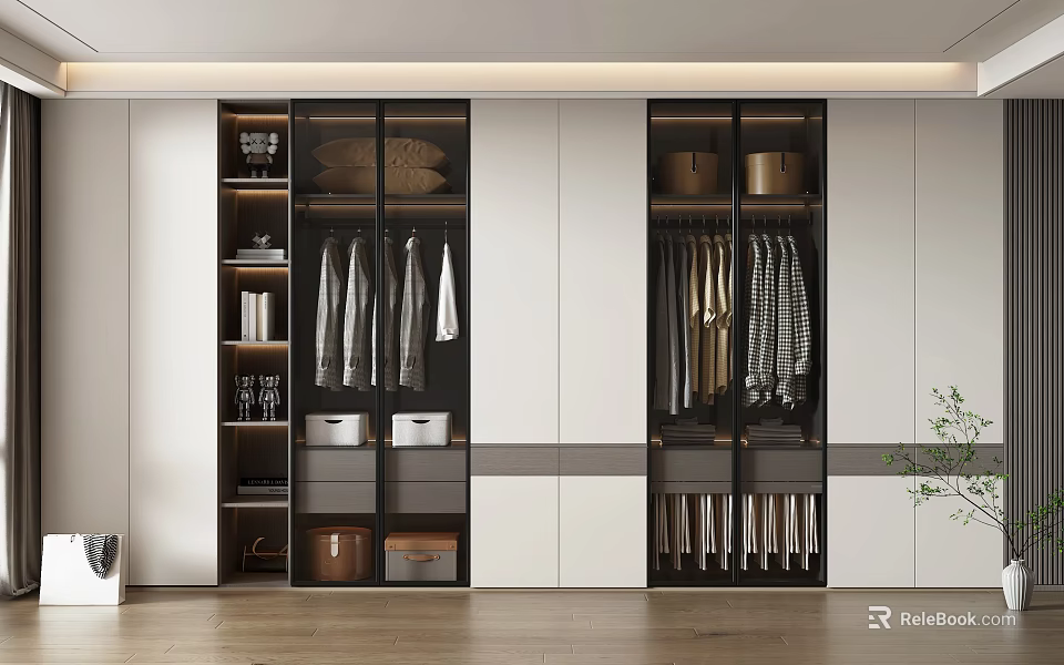 Modern Open Wardrobe With Glass Doors Hanging Clothes And Storage Boxes 3d model 