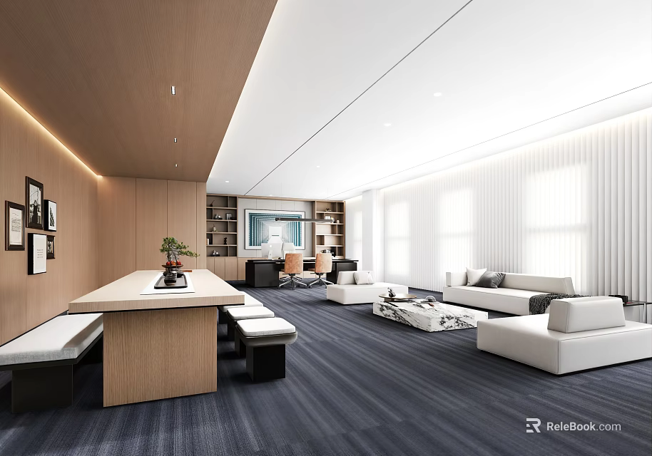Modern Spacious Office Interior With Large Wooden Table Sofas Windows Blinds And Carpet 3d model